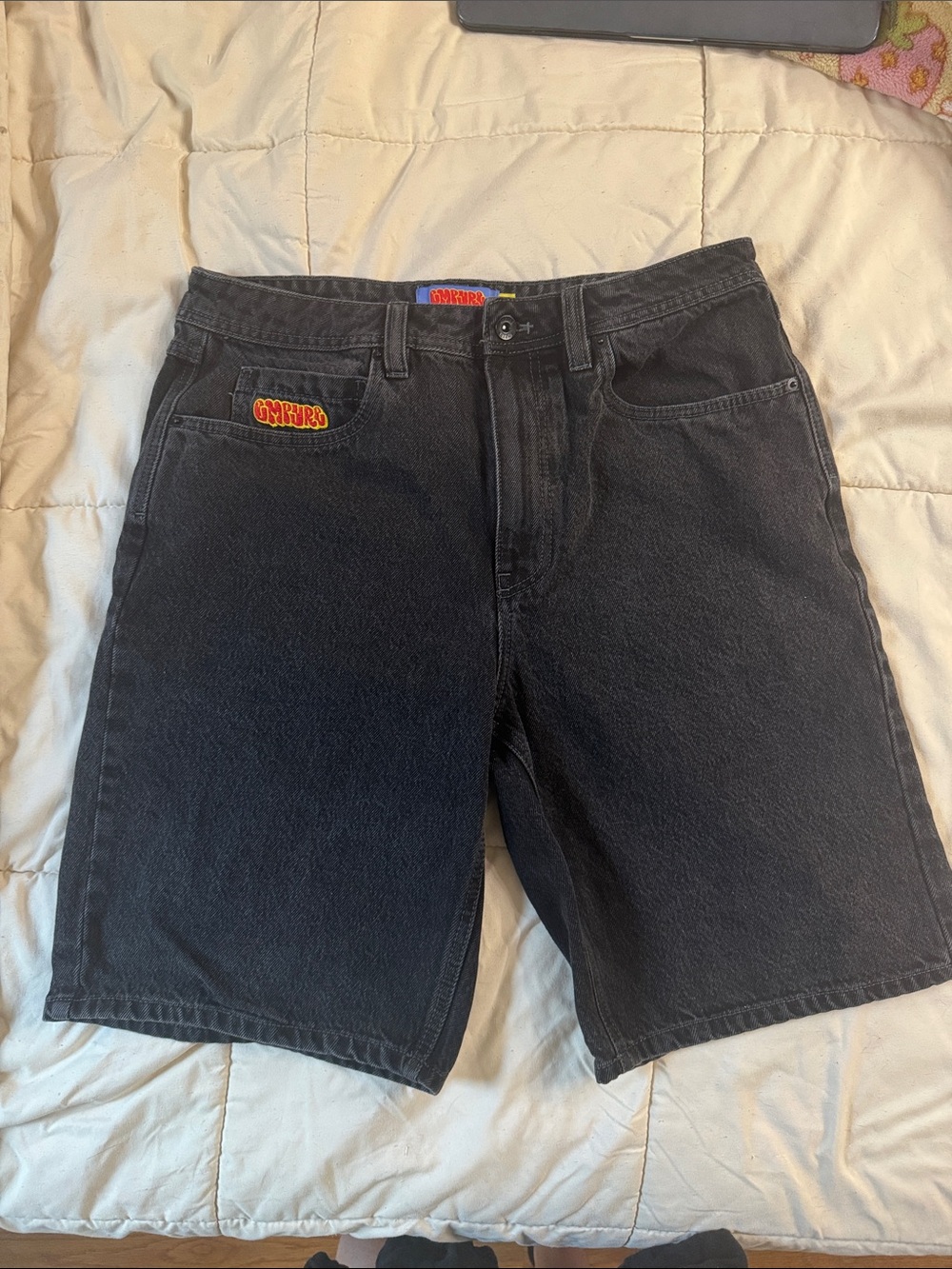 Empyre Black Denim Shorts with Logo Patches